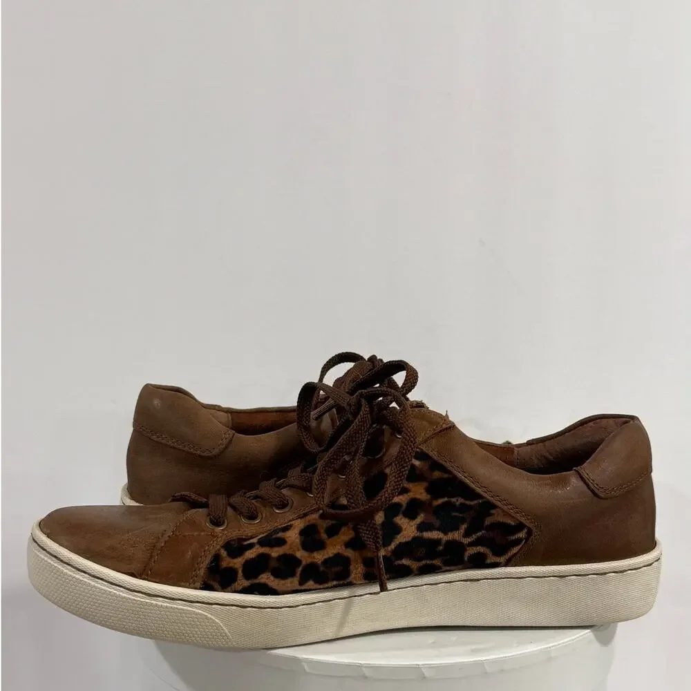Born Leather Leopard Print Sneakers Brown Low Top Lace Up Women's 9M Animal Shoe